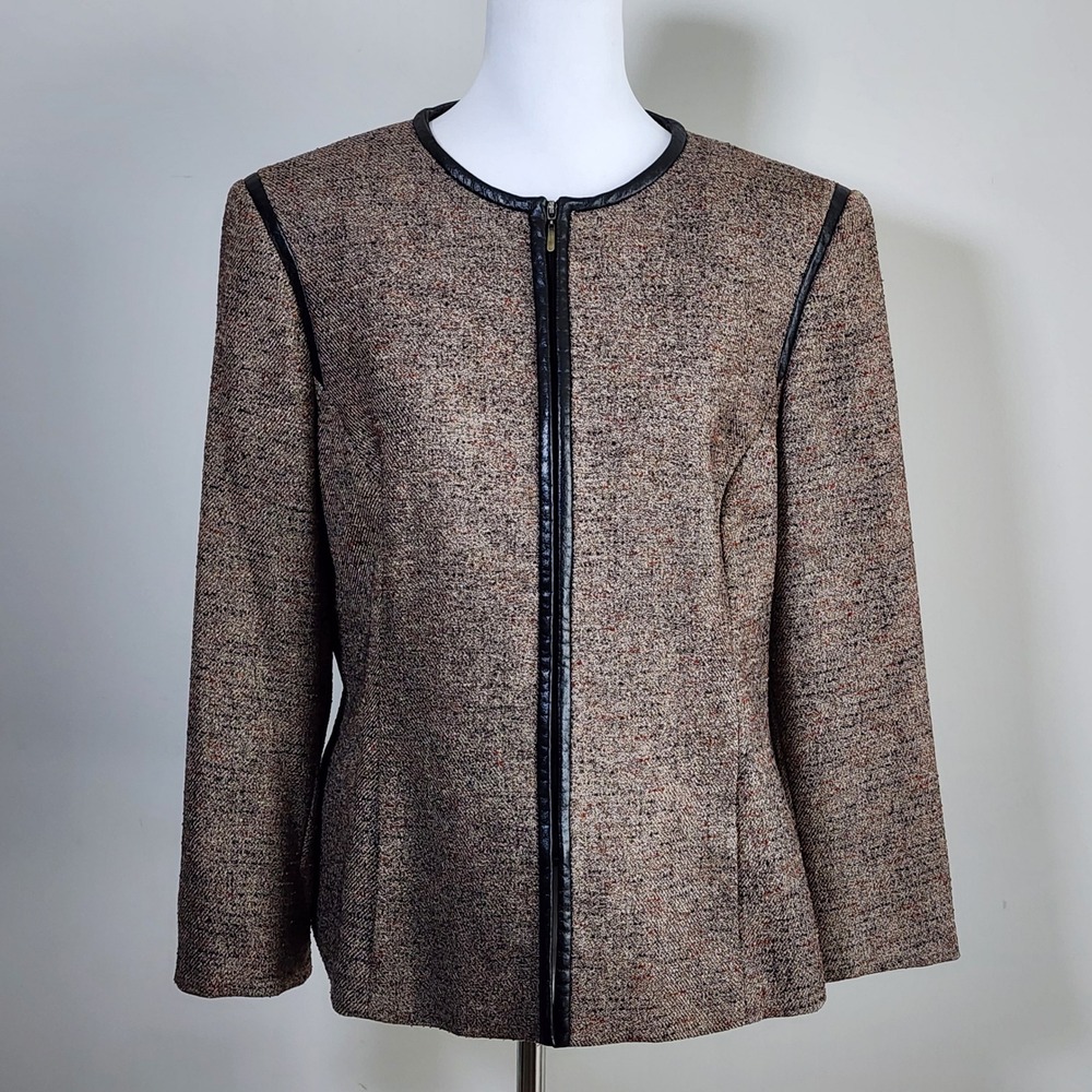 Anne Klein Tweed Jacket Blazer Womens 12 Brown Faux Leather Trim Professional